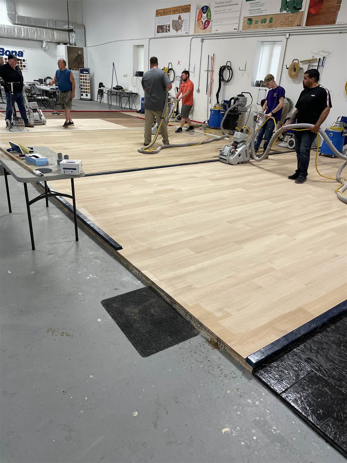 Small group of students gathered around sanding equipment on a hardwood training floor during a hands-on certification class